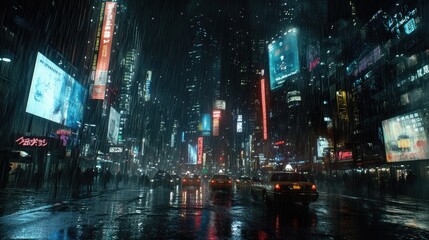 Obraz premium A vibrant, rainy cityscape illuminated by neon lights and bustling with activity.
