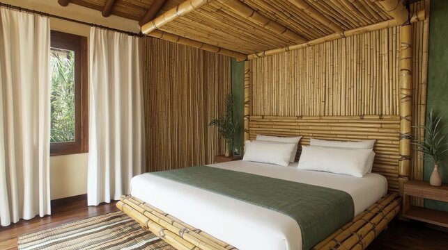Eco-friendly interior design with bamboo furniture. Cozy bamboo bedroom with natural light and minimalist decor.