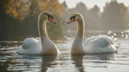 Obraz premium Two white swans facing each other on a calm body of water.