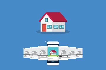 Fototapeta premium House for rent. Smartphone app with house icons, house for rent or sale ,house selection concept, flat style vector illustration. 