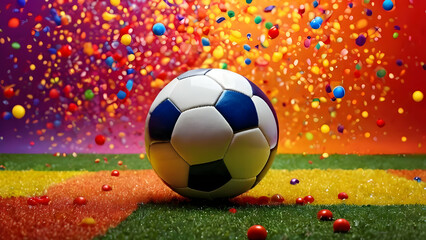 Soccer ball on colorful field with confetti explosion.