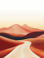 Abstract landscape on warm background. Mountain and road wallpaper in minimal style design with earth tone and summer color. For prints, interiors, wall art, decoration, covers, banner and poster.