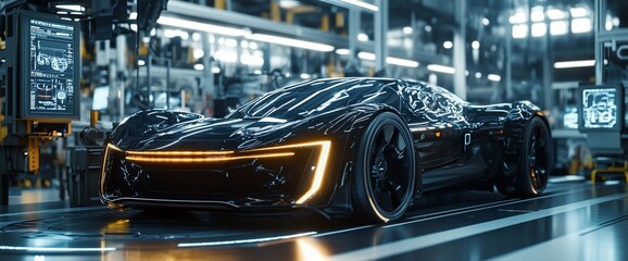 Obraz premium A sleek, futuristic black sports car in a high-tech garage setting.