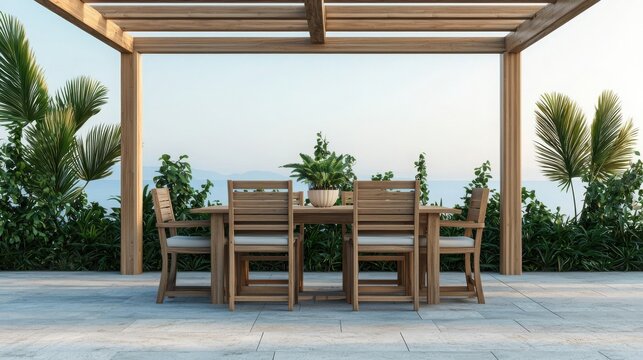 Eco-friendly interior design with bamboo furniture. Outdoor dining area with wooden furniture and scenic view.