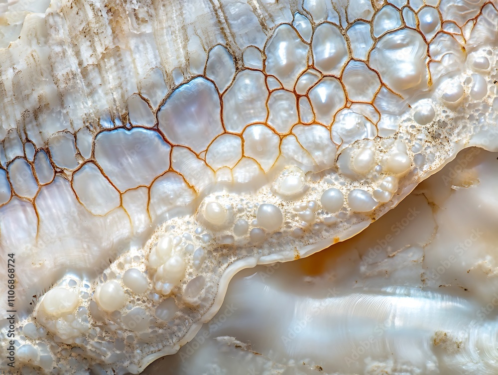 Poster Close-up of iridescent shell interior, showing textured pattern and pearl-like formations.