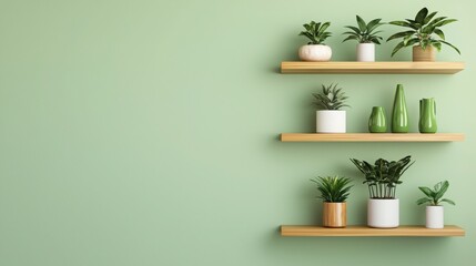 Eco-friendly interior design with bamboo furniture. Green wall with shelves displaying various potted plants.