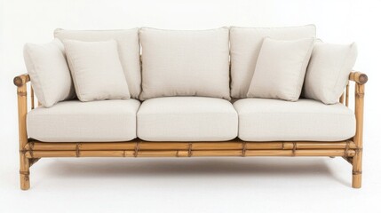 Eco-friendly interior design with bamboo furniture. Comfortable bamboo sofa with plush cushions and neutral fabric.