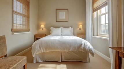 A serene small bedroom with minimalistic design, emphasizing comfort and tranquility