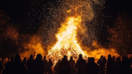 A roaring bonfire at night, with sparks flying into the air and people gathered around for warmth