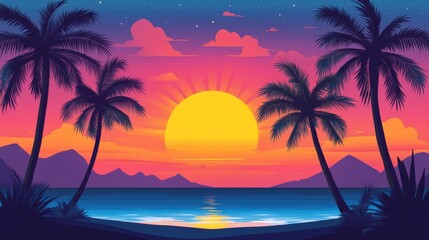 Fototapeta premium A tropical summer sunset with palm trees silhouetted against a vibrant sky