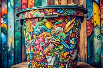 Doodle Style Macro Photography of an Open Trash Bin Filled with Colorful Waste, Showcasing Unique Textures and Details for Creative Environmental Awareness
