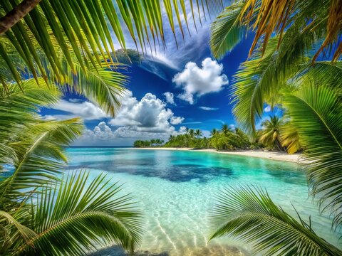 Double Exposure of Juanillo Beach Through Palm Leaves Showcasing White Sand and Turquoise Caribbean Sea in Cap Cana, Dominican Republic - A Tropical Paradise Scene