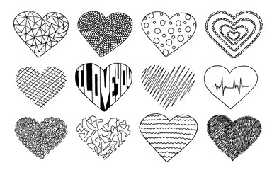 Doodle hearts collection. Set of hand drawn love symbol, freehand style vector illustration. 