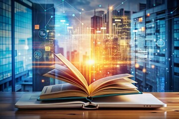 Double Exposure Photography Conceptualizing a Computer as a Knowledge Base Book, Merging Digital and Literary Elements for Educational Themes