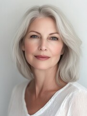 Naklejka premium Attractive gorgeous mature older woman looking at camera isolated on white background advertising skincare spa treatment. Mid age tightening face skin care rejuvenation cosmetics concept. Portrait