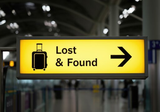 Airport Lost and Found Sign Illuminated with Directional Arrow