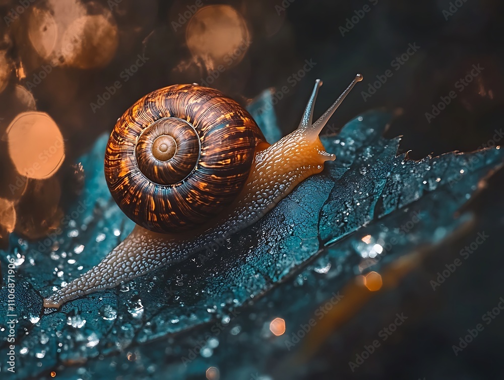 Poster close-up of snail on dew-covered leaf.
