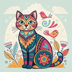 Whimsical colorful cat illustration with birds and floral accents.