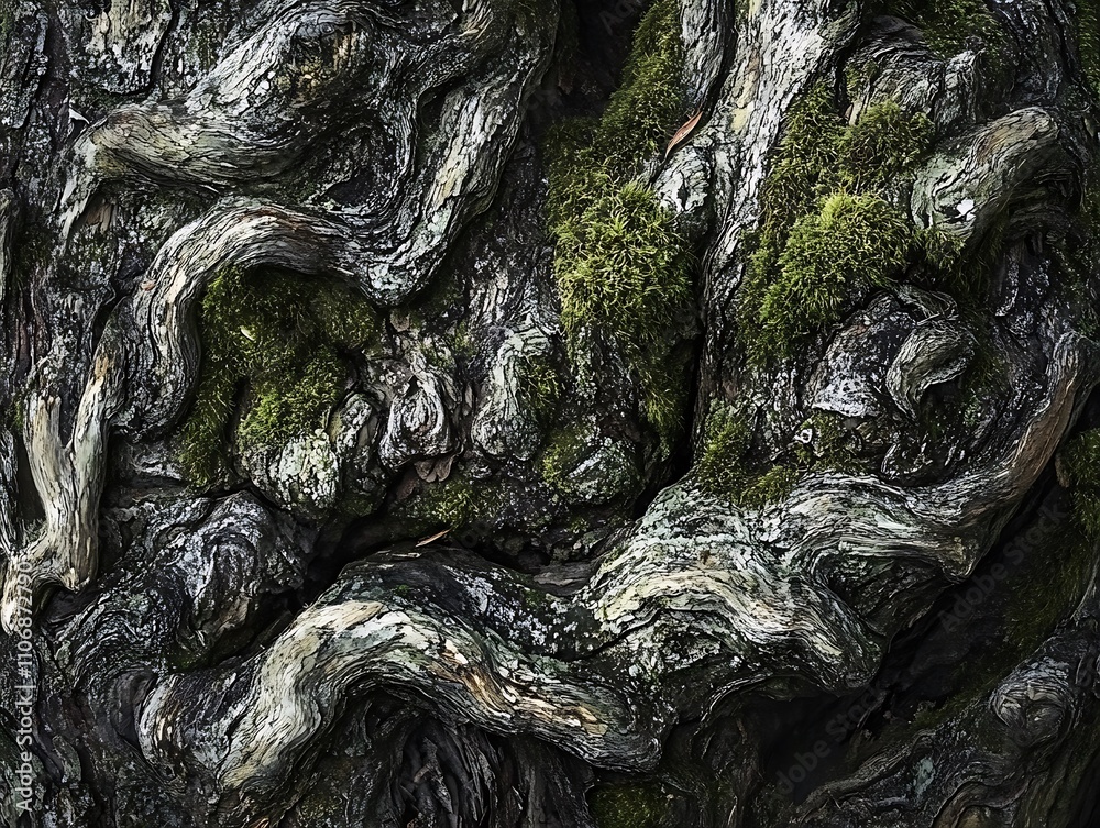 Poster close-up of textured tree bark with moss.