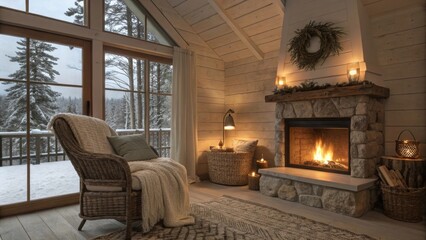 Fototapeta premium Cozy retreat enhanced with heating elements ensuring comfort during cooler evenings by the fire.