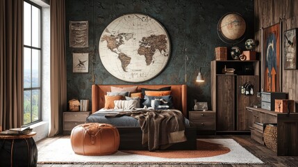 A stylish boys' bedroom with modern furnishings and adventurous decor, showcasing a love for exploration