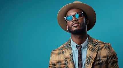 Obraz premium A stylish fashion portrait of a man in trendy clothing, posing confidently against a chic backdrop