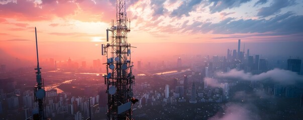 Communication Tower Above a City at Sunrise