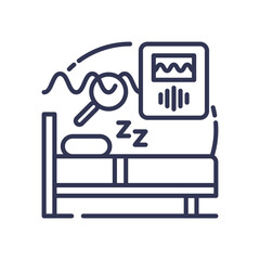 Illustration of sleep study with bed, magnifying glass, and monitor.