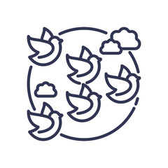 Birds in flight symbolize movement and adaptation, surrounded by clouds.