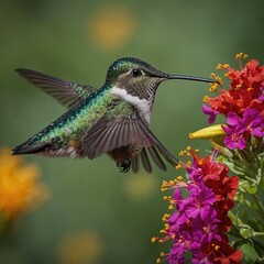 Fototapeta premium A hummingbird sipping nectar from a vibrant flower.