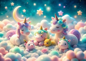 Fototapeta premium Dreamy Sleepy Unicorns in Clouds: A Whimsical Hand-Drawn Illustration of Adorable Sitting and Sleeping Unicorn Characters for Enchanting Decor and Children's Imagination