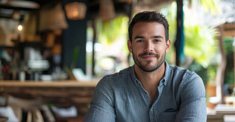 Fototapeta premium Smiling Young Man in Casual Attire at a Cozy Cafe Setting
