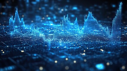 A stock market graph on a dark blue background with abstract line graphs, representing data analysis and financial growth