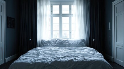 A tranquil dark bedroom with blackout curtains, emphasizing a peaceful environment for restful sleep