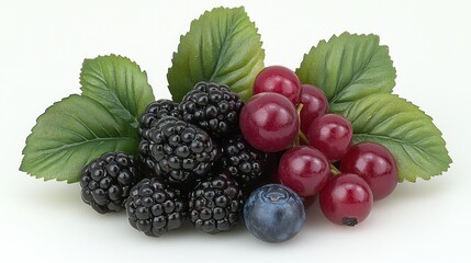 Fresh blackberries, red currants, and blueberries with leaves.