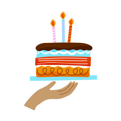 Hand holding birthday cake with candles. For birthday card, party invitation, festive banners, or digital designs celebrating birthdays and special occasions. Vector illustration. Vector illustration