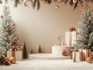 Christmas themed booth decoration, Christmas background, adorned with Christmas ornaments and decorations, perfect for holiday promotions