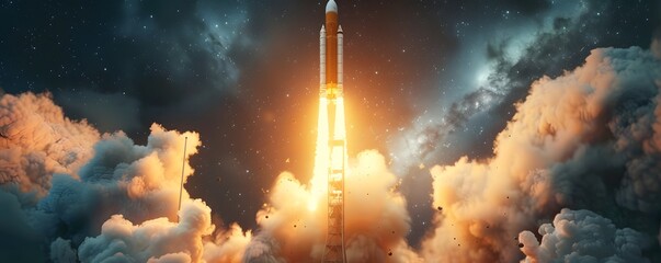 Powerful Rocket Launch Ascending Through Starry Night Sky