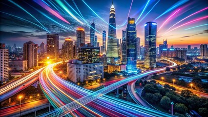 Obraz premium Dynamic City Skyline at Night with Colorful Light Trails and Glowing Growth Graphs Reflecting Innovation and Technology in a Vibrant Urban Landscape