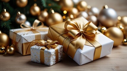 Free Photo Black Friday sale is a gold gift box and ballon with a black background	