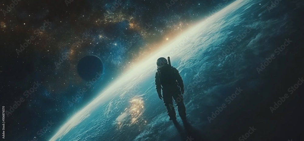 Poster an astronaut gazes at earth from space, surrounded by a cosmic backdrop.
