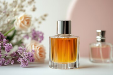 aromatherapy display, on a soft-hued vanity table, sits vanilla oil with wildflowers and vintage perfumes