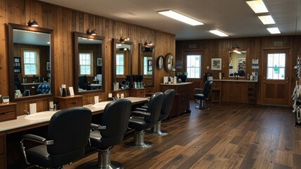 Rustic barbershop interior with wooden walls, barber chairs, and mirrors.