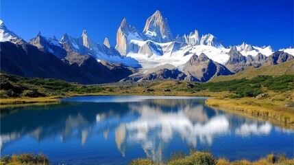 Fototapeta premium A pristine mountain scene with jagged, snow-covered peaks mirrored perfectly in the still waters of a glacial lake. The untouched wilderness exudes serenity and grandeur.