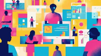 A vibrant image of diverse individuals collaborating with artificial intelligence tools in a modern workspace