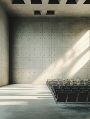 Clean concrete auditorium interior with seats, runway and empty mock up place on wall. Presentation and fashion concept. 3D Rendering