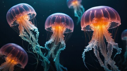Fototapeta premium Glowing jellyfish underwater, ocean wildlife.