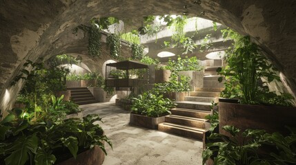 Naklejka premium Futuristic Underground Community Garden: Embracing Urban Agriculture in 3D Rendered Artwork