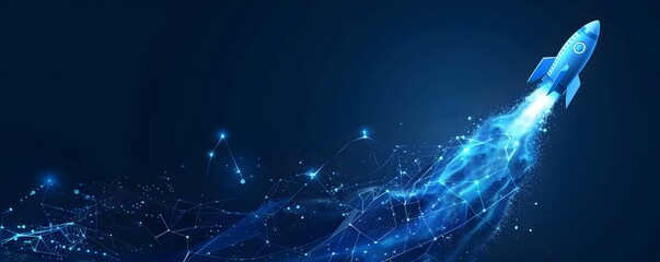 Blue Rocket Launching Through Digital Network Space