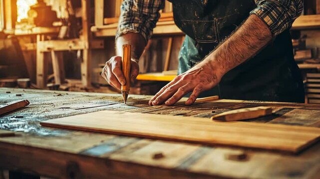 Carpenter crafting furniture with attention to detail, reflecting the rewards of hard work over time.